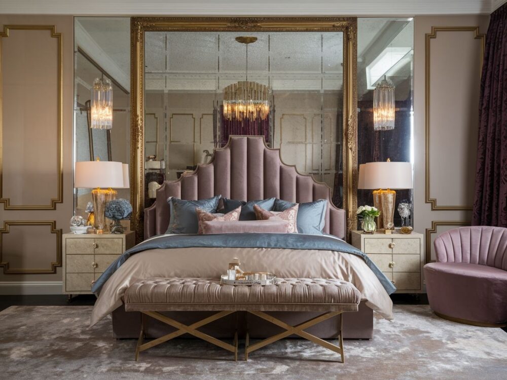 elegancka sypialnia z dużym lustrem