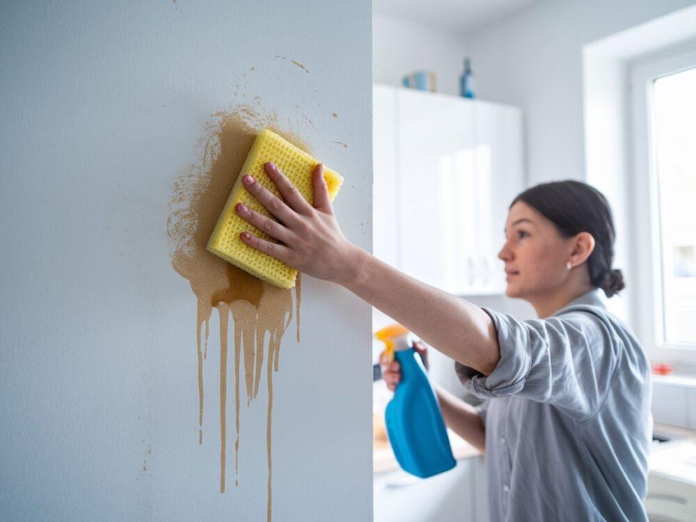 gąbka i spray do mycia ścian