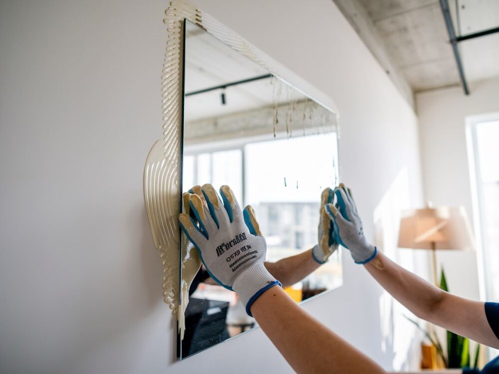 montaż lustra rękami