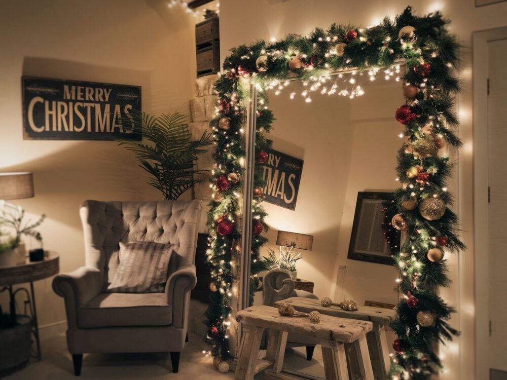 świąteczne ozdoby na ramie lustra